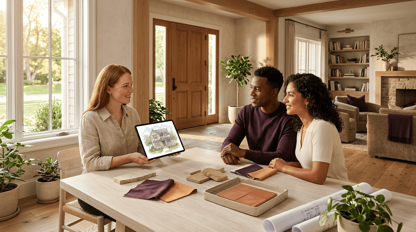 An architect showing a homeowner couple a whole-house AI design concept on a tablet, with stone, wood and fabric samples on the table
