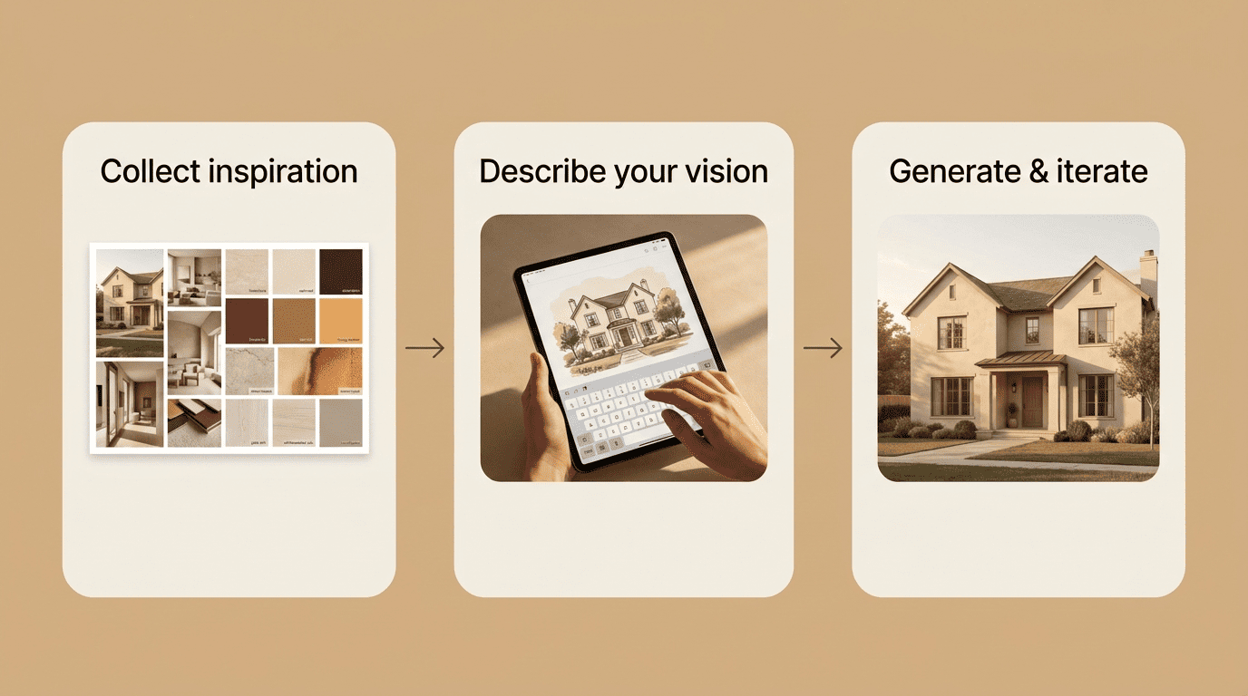 Three-step workflow diagram: collect inspiration, describe your vision, generate and iterate