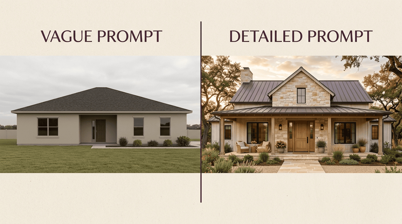 Split comparison of a bland house from a vague prompt versus a detailed cohesive farmhouse from a specific prompt