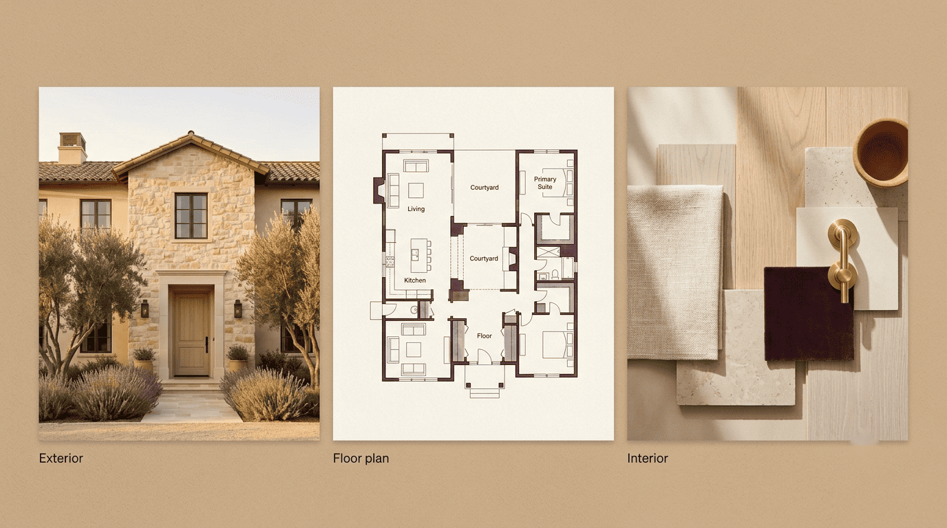One cohesive home shown as three connected facets: exterior facade, floor plan, and interior material palette