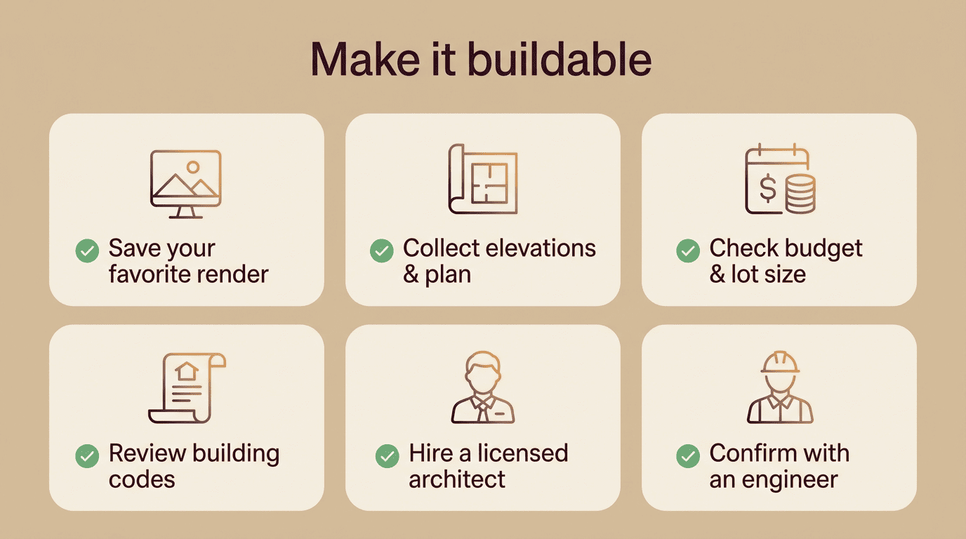 Make it buildable checklist with six steps from saving your render to confirming with an engineer