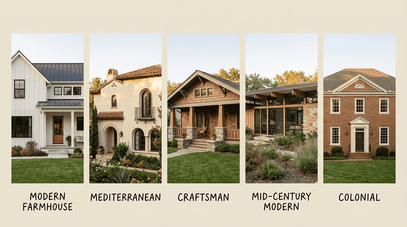Five American house design styles side by side: Modern Farmhouse, Mediterranean, Craftsman, Mid-Century Modern and Colonial