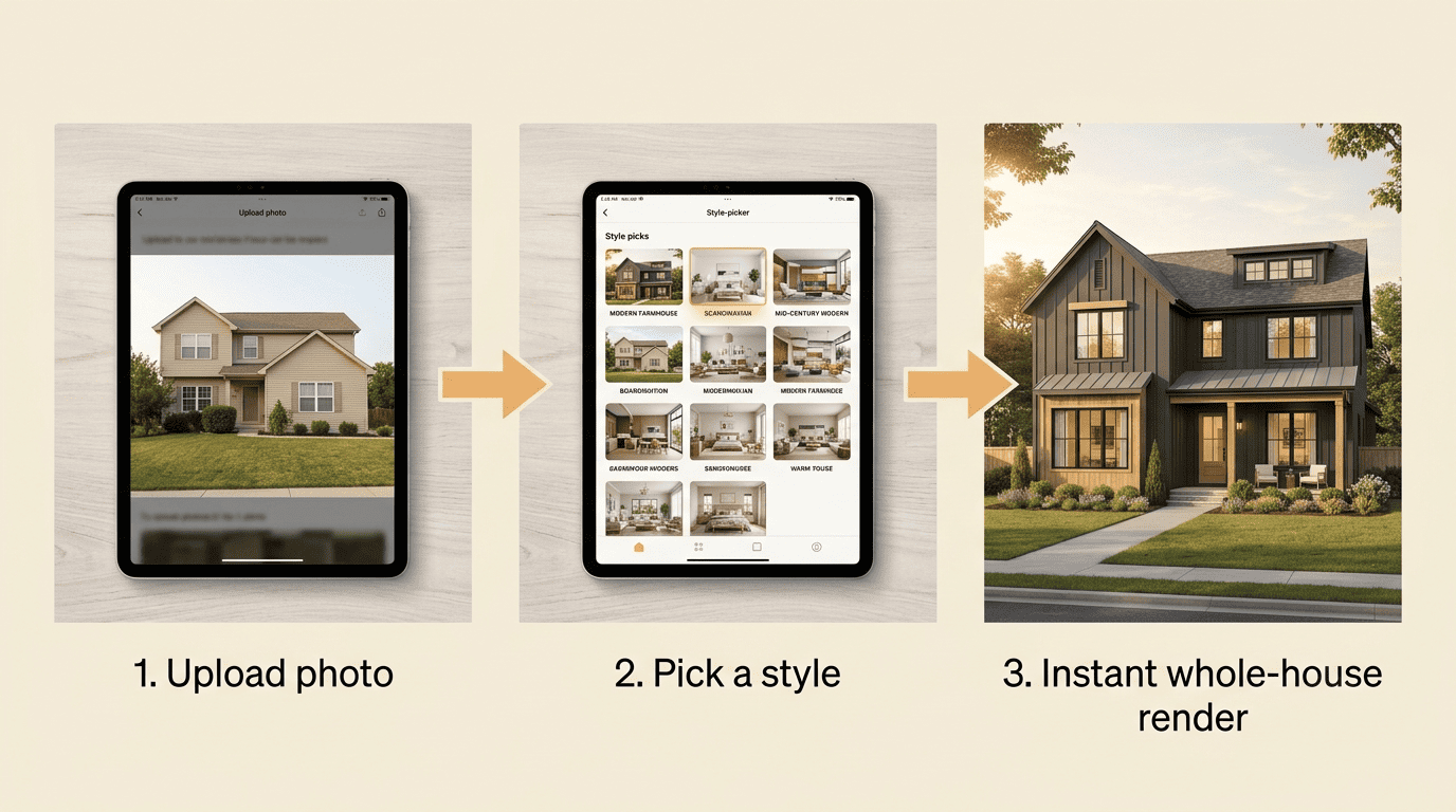 Three-step AI house design workflow: upload a photo, pick a style, get an instant whole-house render