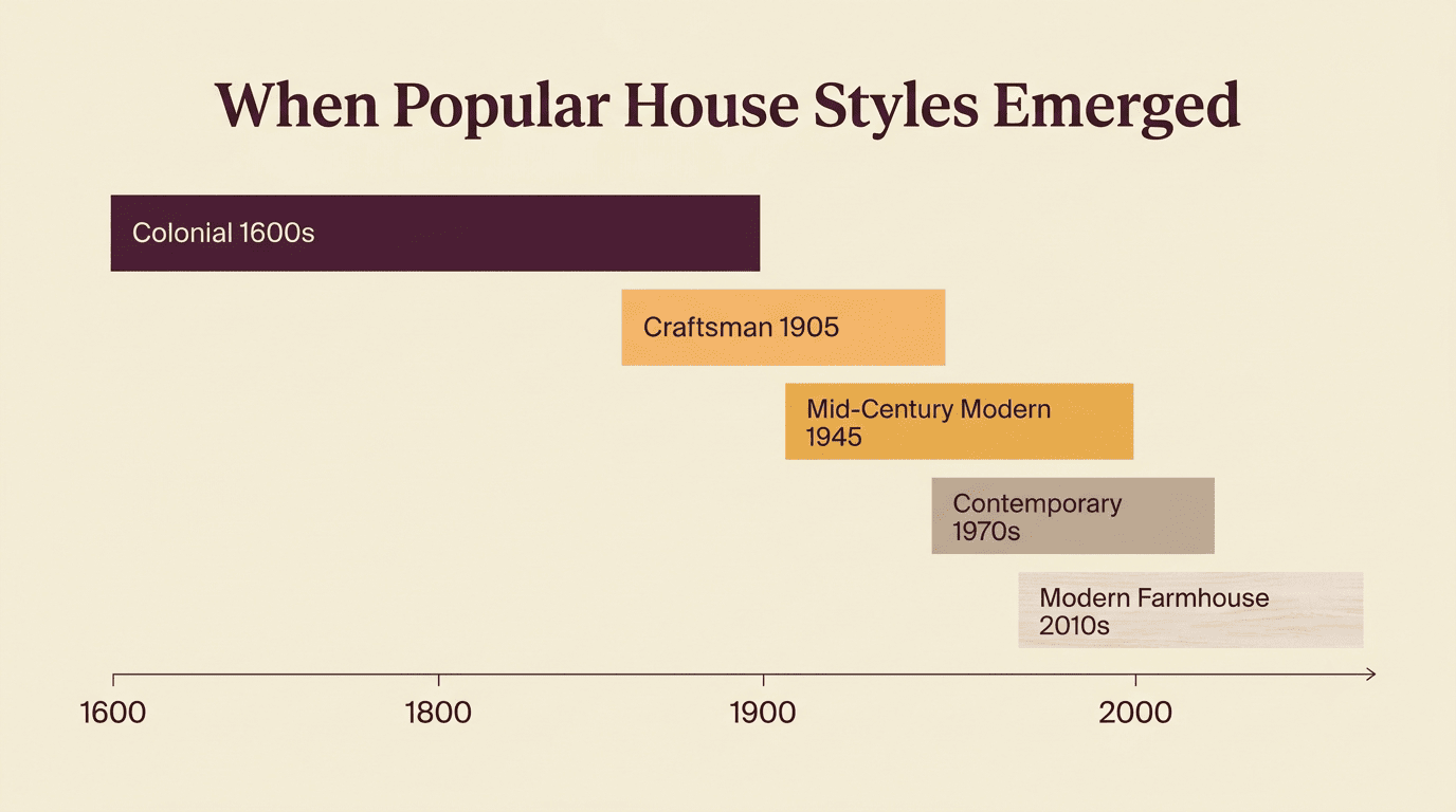 Timeline chart showing when popular house styles emerged, from Colonial in the 1600s to Modern Farmhouse in the 2010s