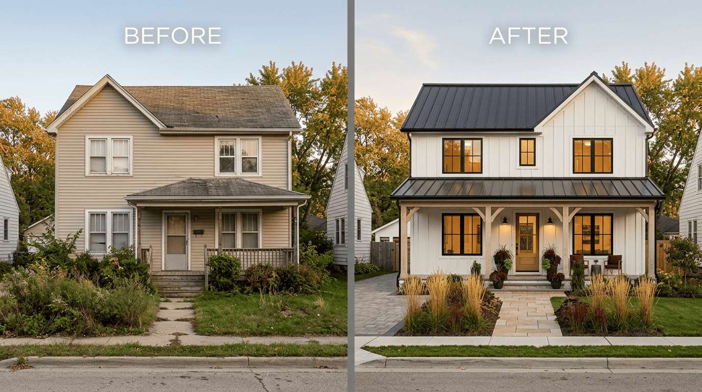 Before-and-after of the same house: a dated exterior on the left, restyled as a Modern Farmhouse on the right