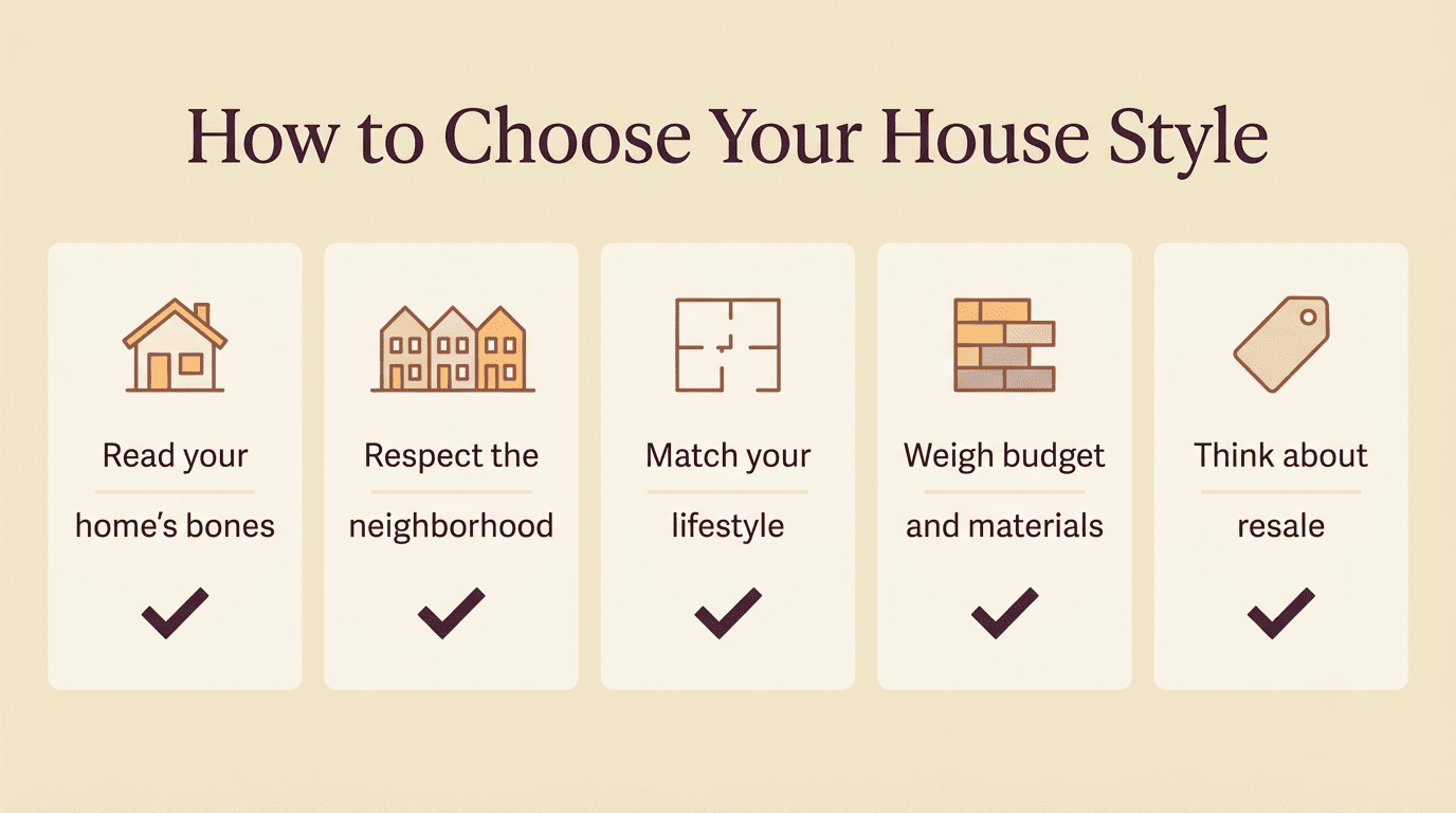 Checklist for choosing a house style: read your home's bones, respect the neighborhood, match your lifestyle, weigh budget, think resale