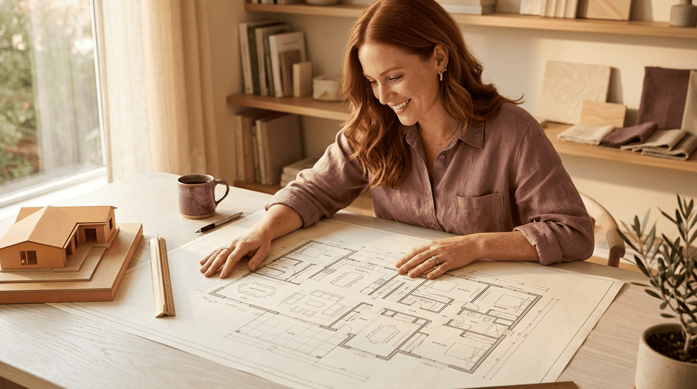 Architect reviewing a printed whole-house floor plan on a sunlit table with a house model and scale ruler