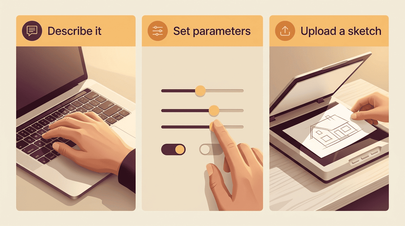 Three-panel comparison of AI floor plan input methods: describe it, set parameters, upload a sketch