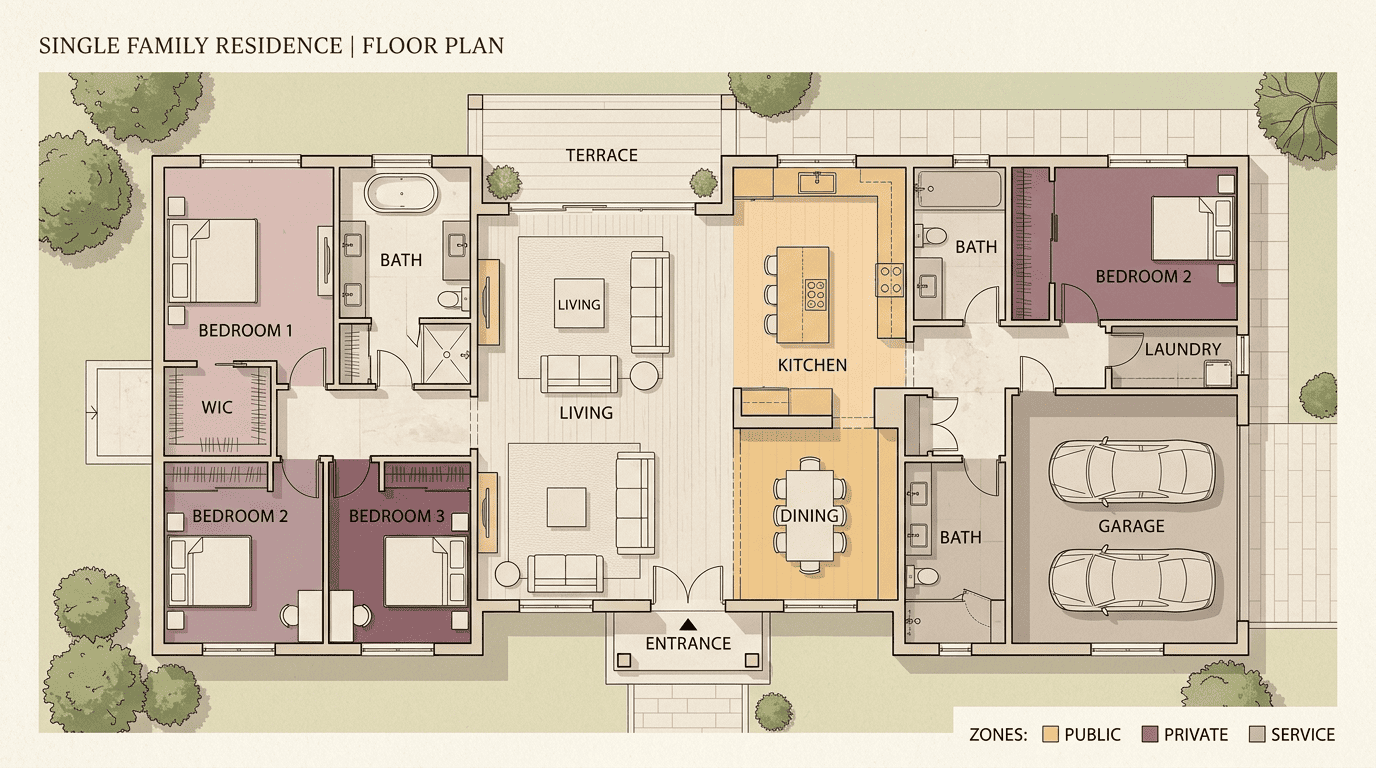 Color-coded whole-house floor plan showing public, private, and service zones