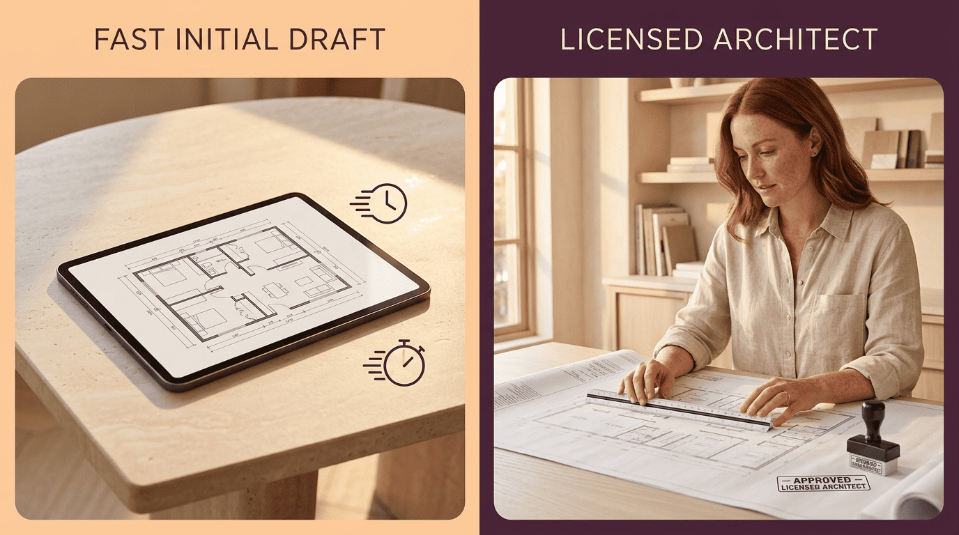 Split comparison: a fast AI floor-plan draft on a tablet versus a licensed architect reviewing a blueprint