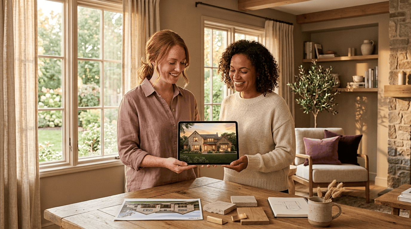 A homeowner and an architect review an AI-rendered whole-house remodel on a tablet at golden hour