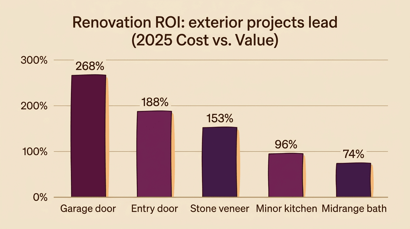 Bar chart of 2025 Cost vs. Value renovation ROI showing exterior projects lead