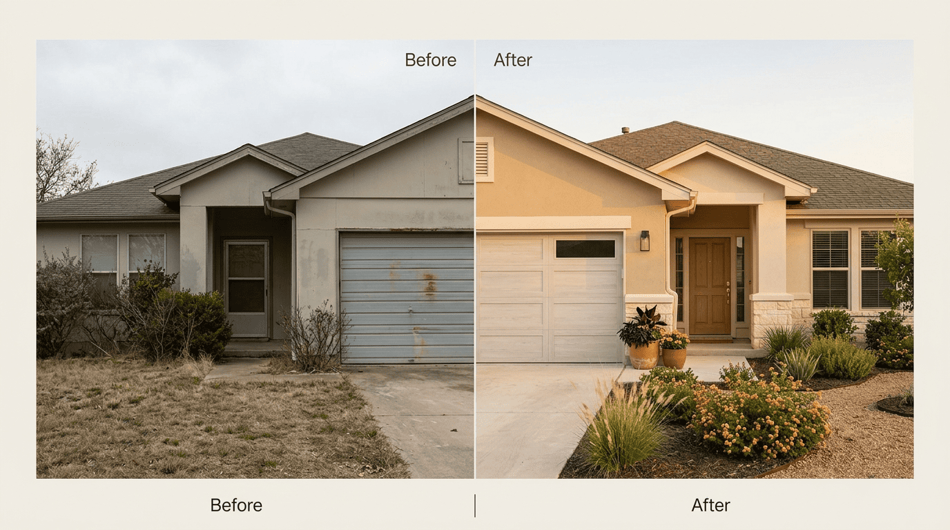 Before and after split of a house facade showing a budget-friendly curb-appeal remodel