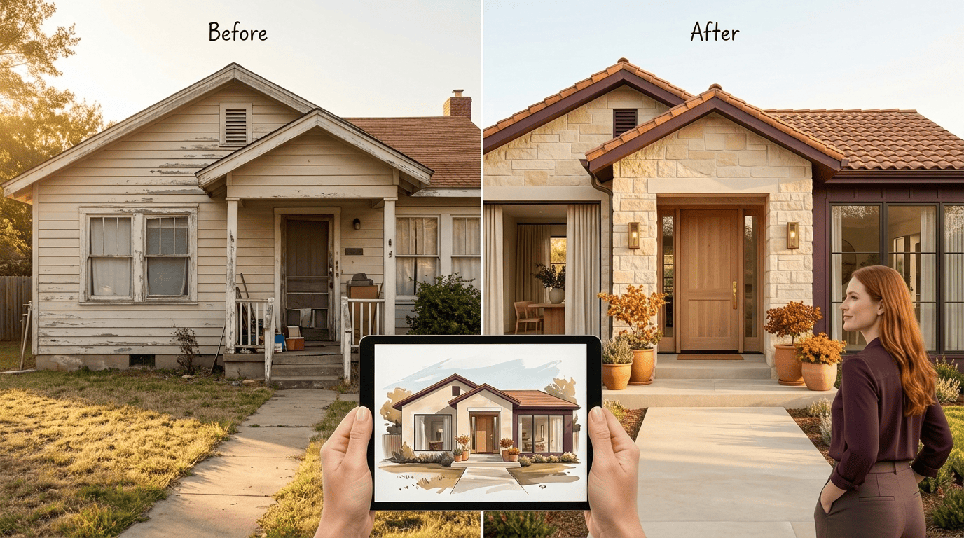 Before-and-after of a house exterior redesigned with AI from a single photo