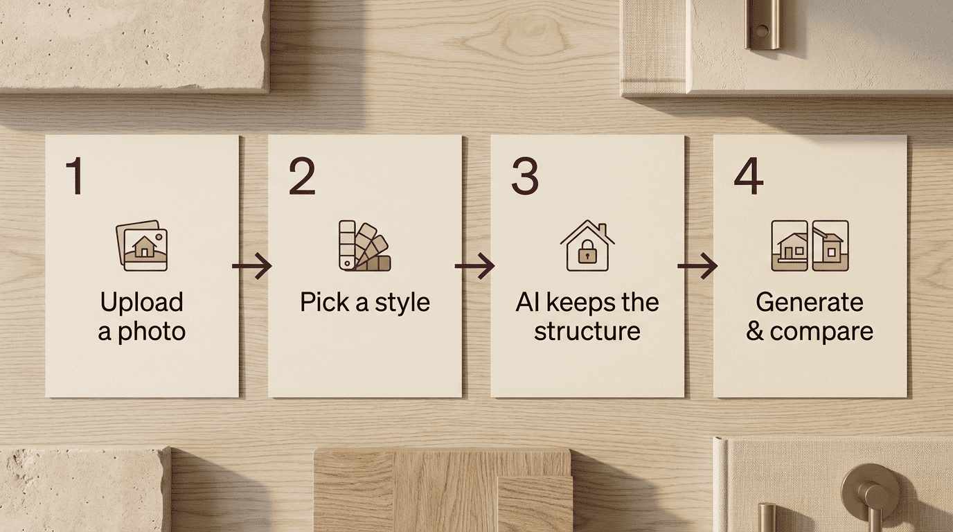 Four-step AI house design process: upload a photo, pick a style, AI keeps the structure, generate and compare