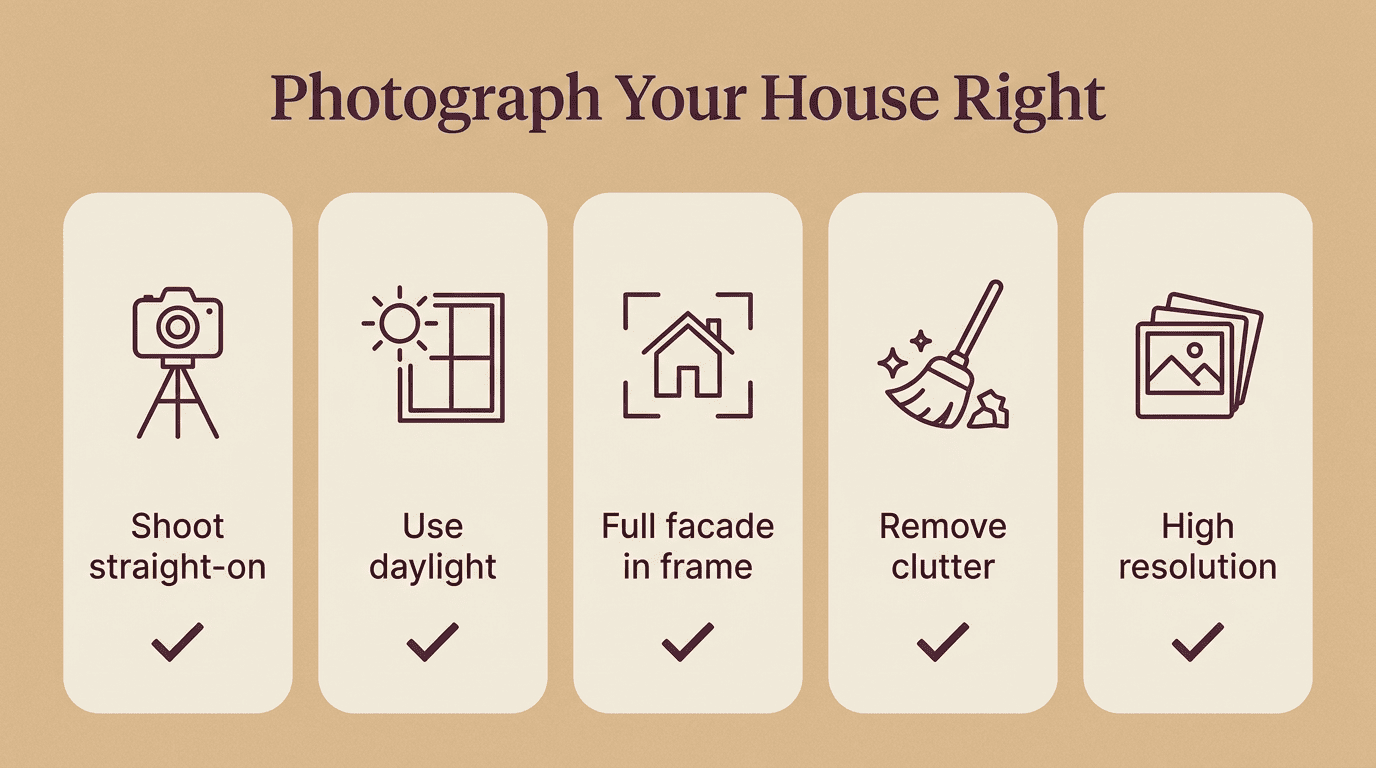 Checklist for photographing your house for AI redesign: shoot straight-on, use daylight, full facade in frame, remove clutter, high resolution