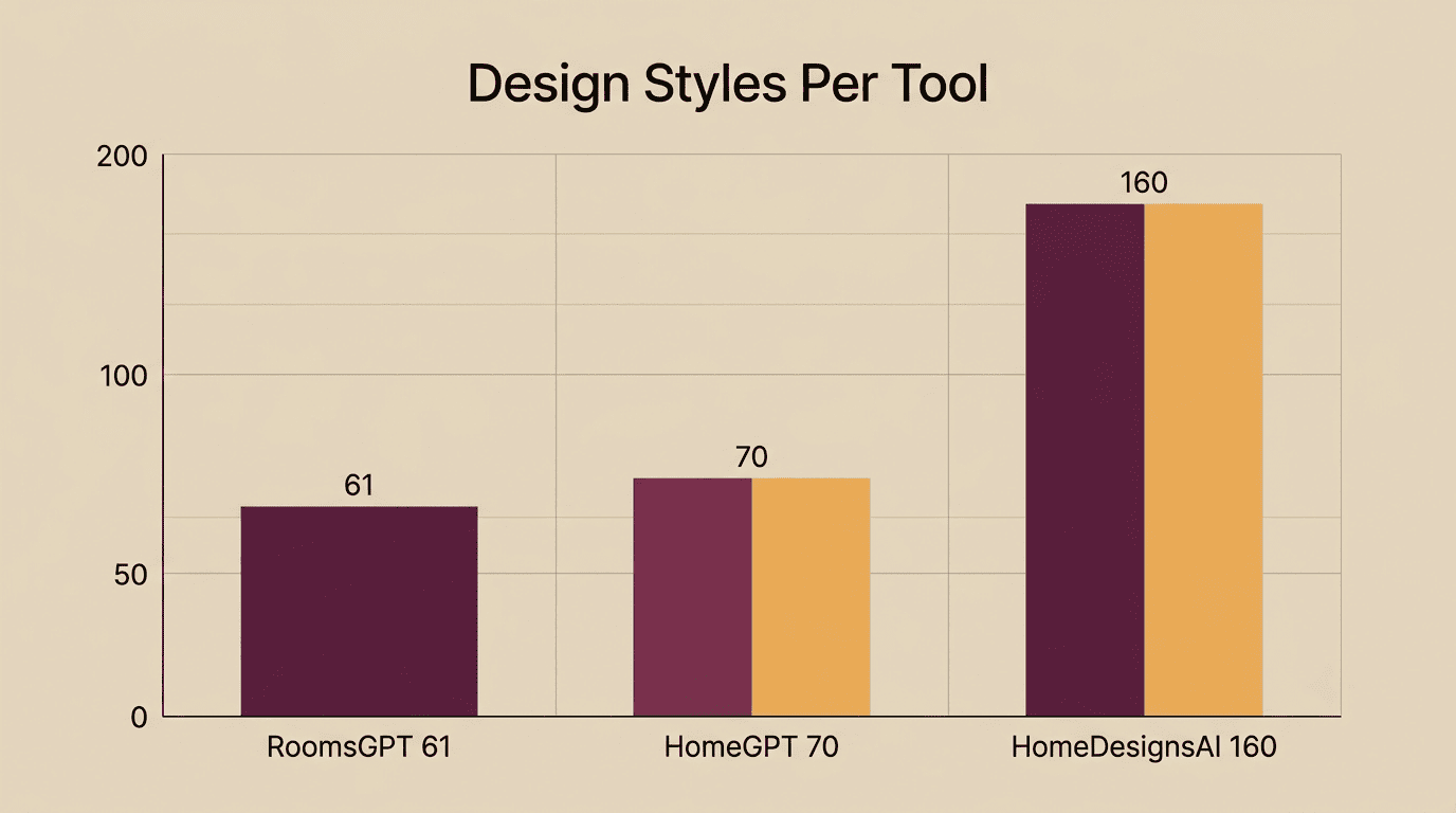 Bar chart comparing the number of design styles per AI house design tool: RoomsGPT 61, HomeGPT 70, HomeDesignsAI 160