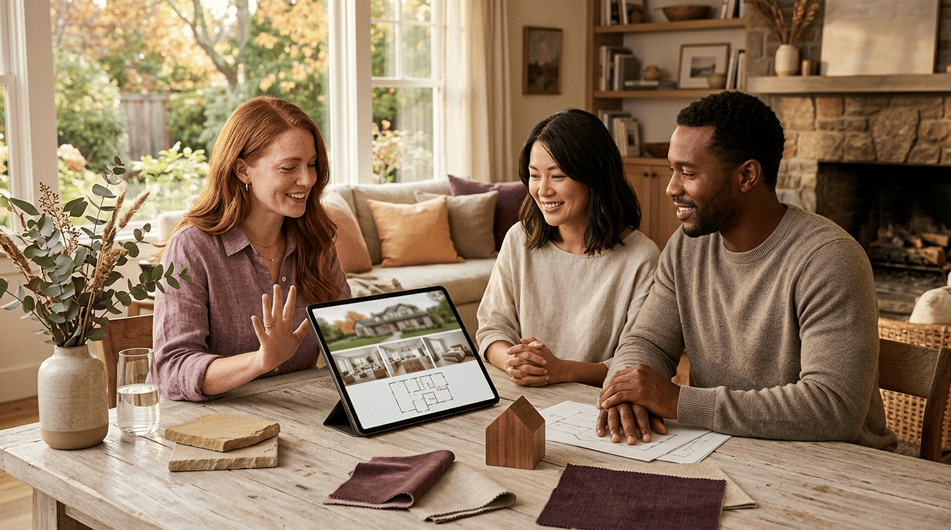 An architect and homeowners reviewing a whole-home AI redesign — exterior, interior and floor plan — on a tablet