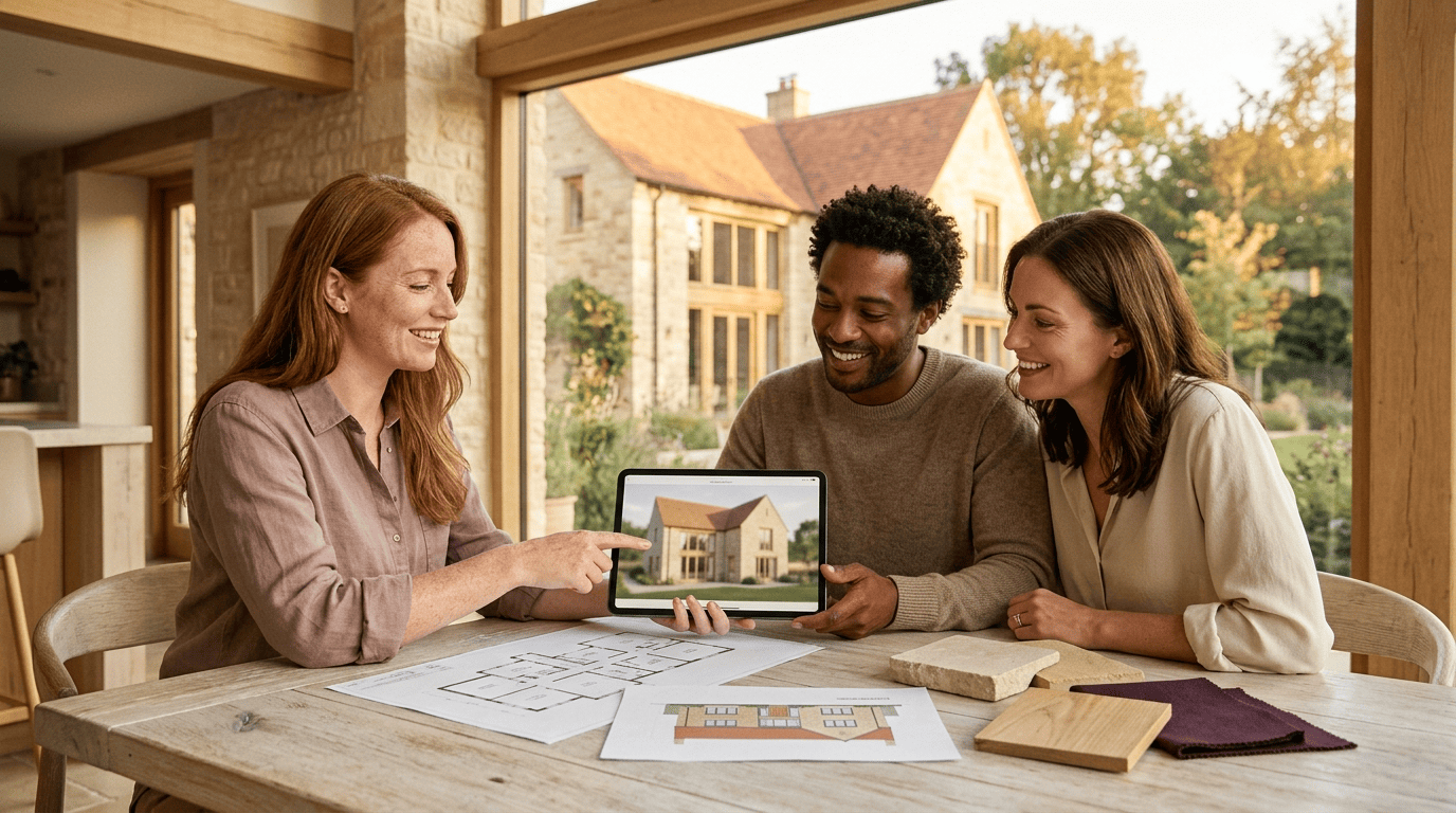 An architect and a homeowner couple review a 3D whole-house render on a tablet, with floor plans and material samples on the table