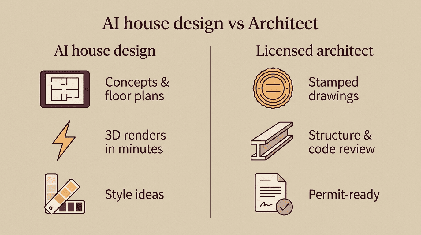 Side-by-side comparison of what AI house design does versus what a licensed architect does