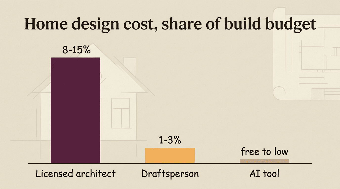 Bar chart comparing home design cost as a share of build budget: licensed architect 8-15%, draftsperson 1-3%, AI tool free to low