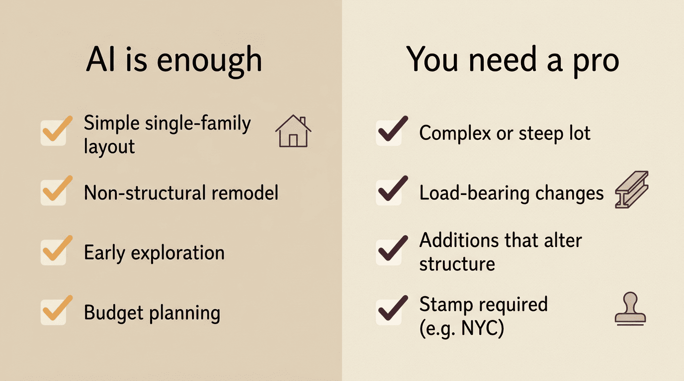 Checklist contrasting projects where AI house design is enough versus projects that need a licensed professional