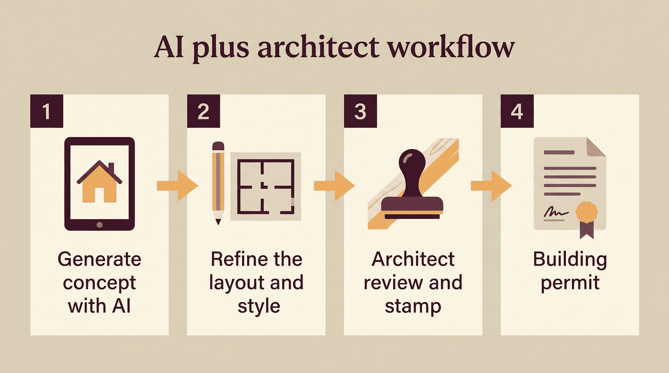 Four-step workflow: generate concept with AI, refine layout and style, architect review and stamp, building permit