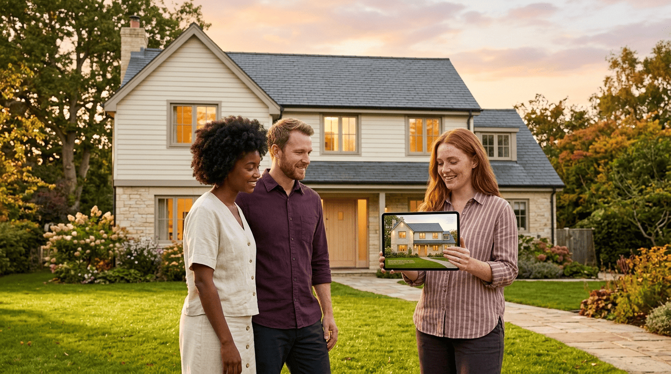 Homeowners and an architect viewing an AI-rendered exterior of their house on a tablet in the front yard