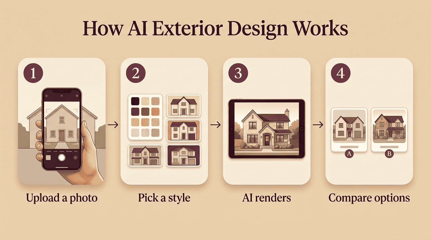 Four-step flow of AI exterior design: upload a photo, pick a style, AI renders, compare options