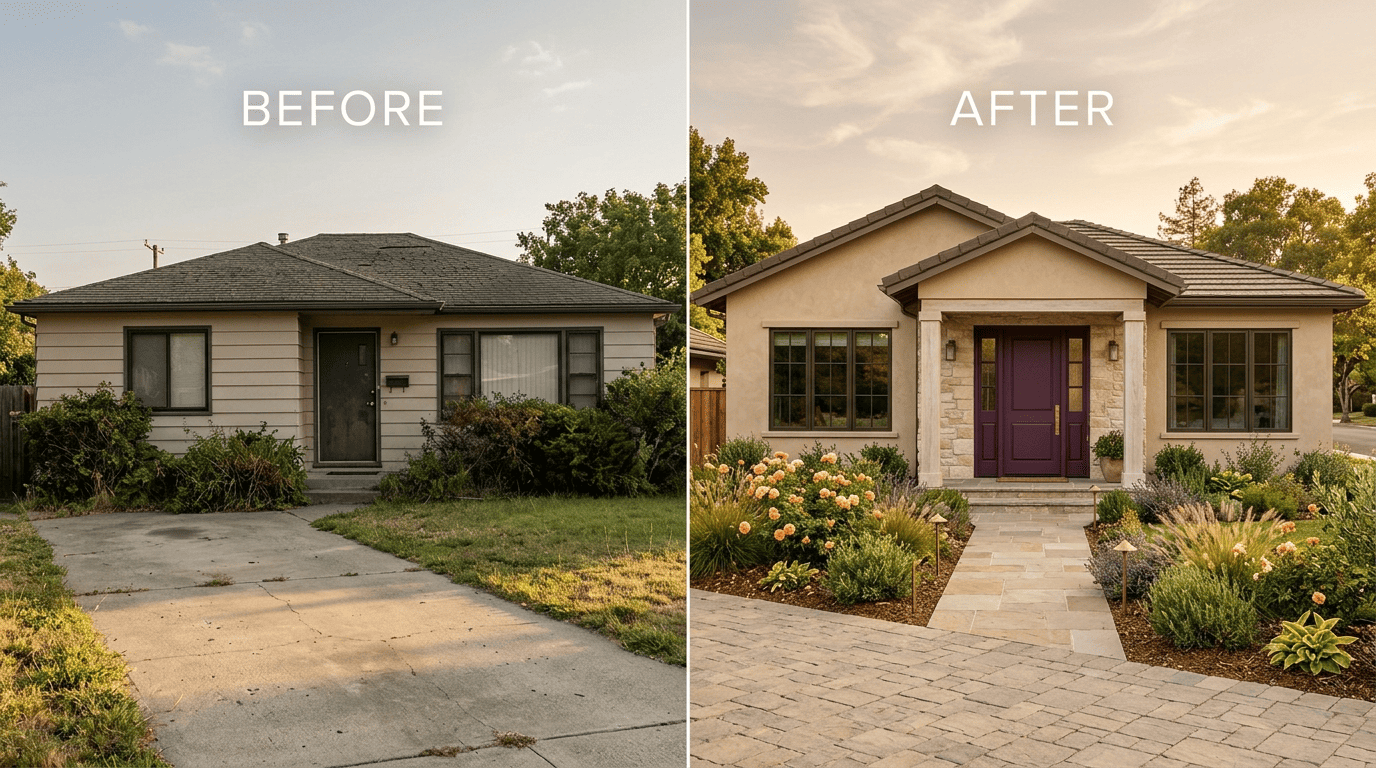 Before-and-after split of the same house facade, showing a dated exterior transformed with new siding, stone, door and landscaping