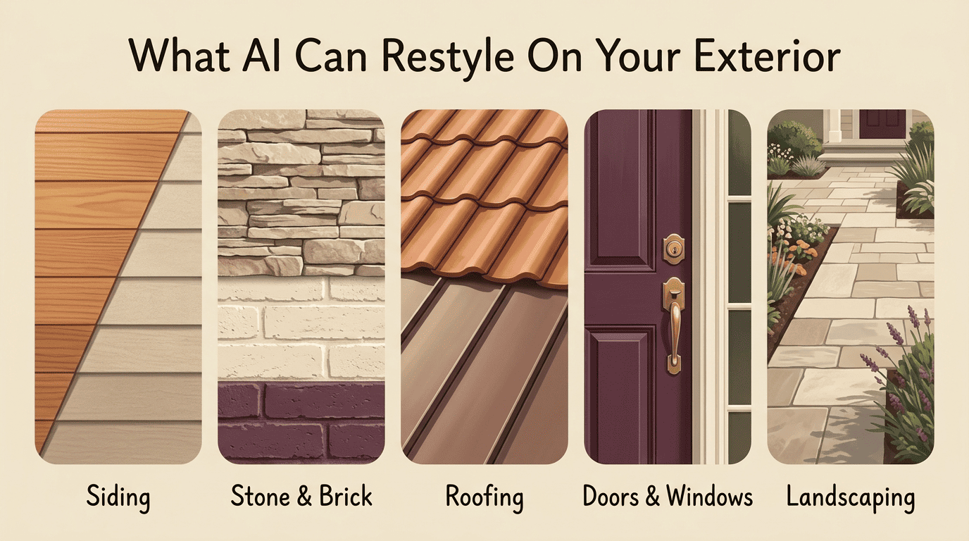 Grid of exterior elements AI can restyle: siding, stone and brick, roofing, doors and windows, landscaping