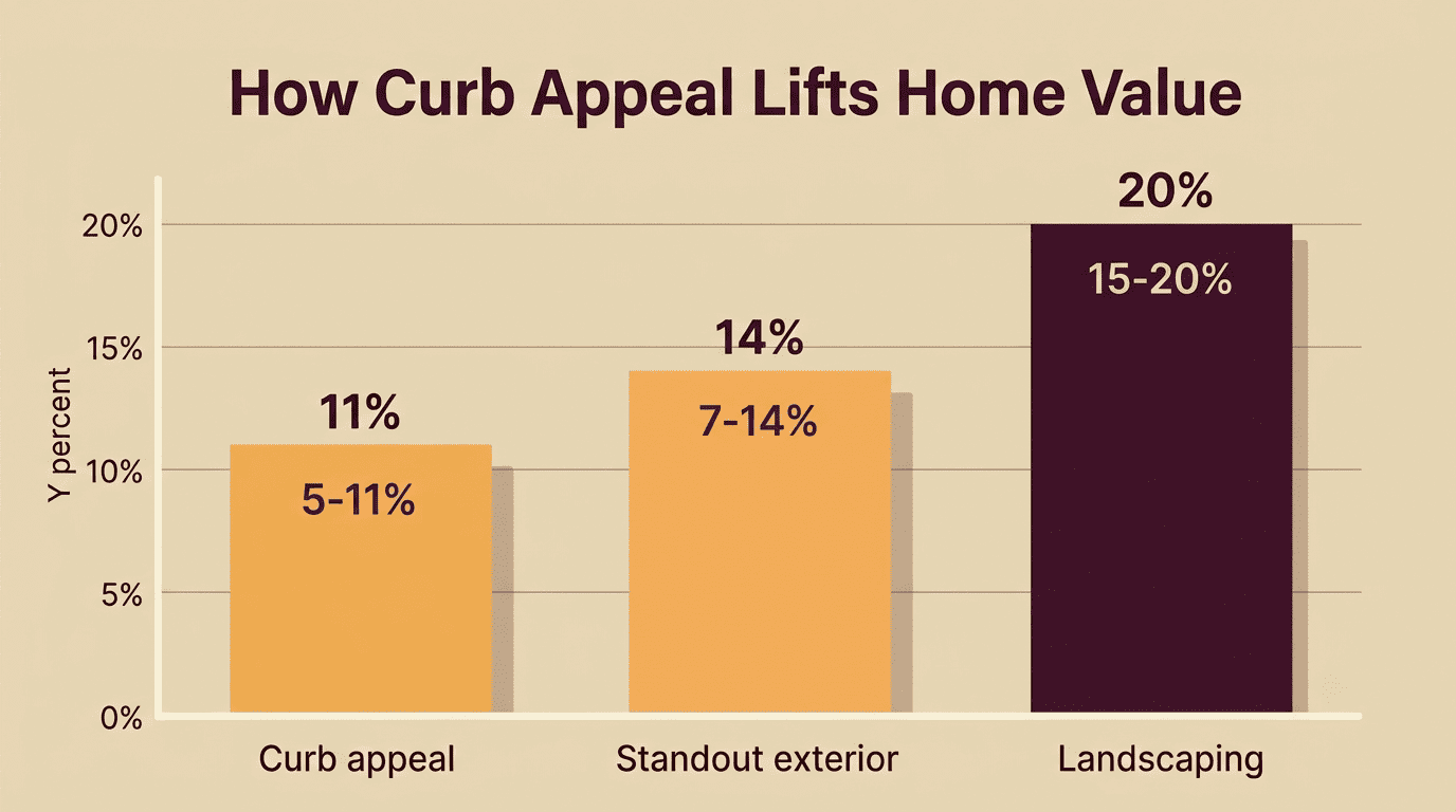 Bar chart of home-value uplift: curb appeal 5-11 percent, standout exterior 7-14 percent, landscaping 15-20 percent