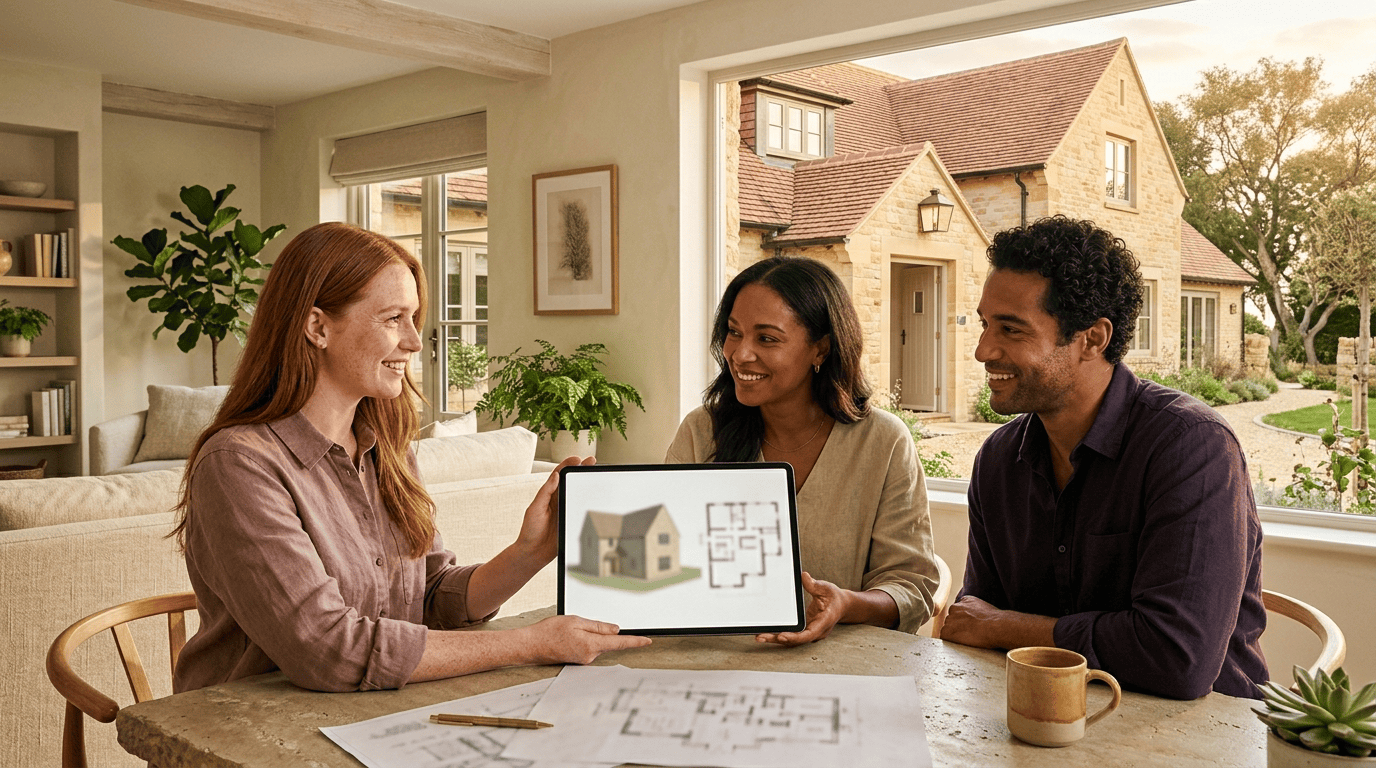 An architect and two homeowners reviewing a whole-house 3D render and floor plan on a tablet in a sunlit home