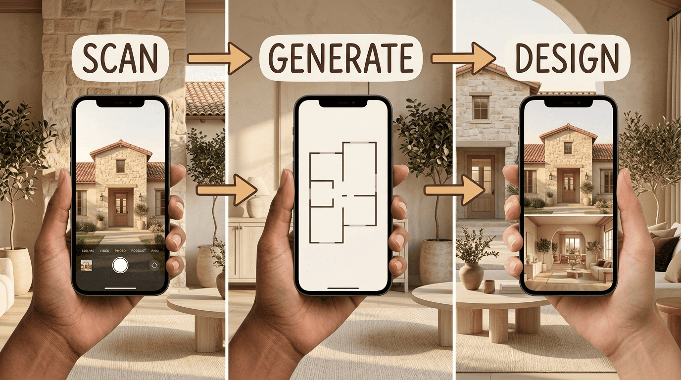 Three-phase flow shown on three phones: scan a facade, generate a floor plan, design the finished 3D home