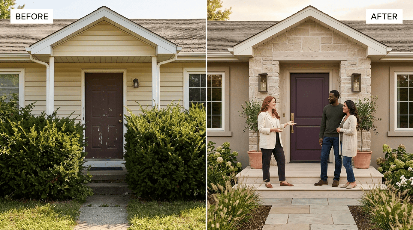 Before-and-after of a house facade refreshed with new paint, stone trim and a plum front door