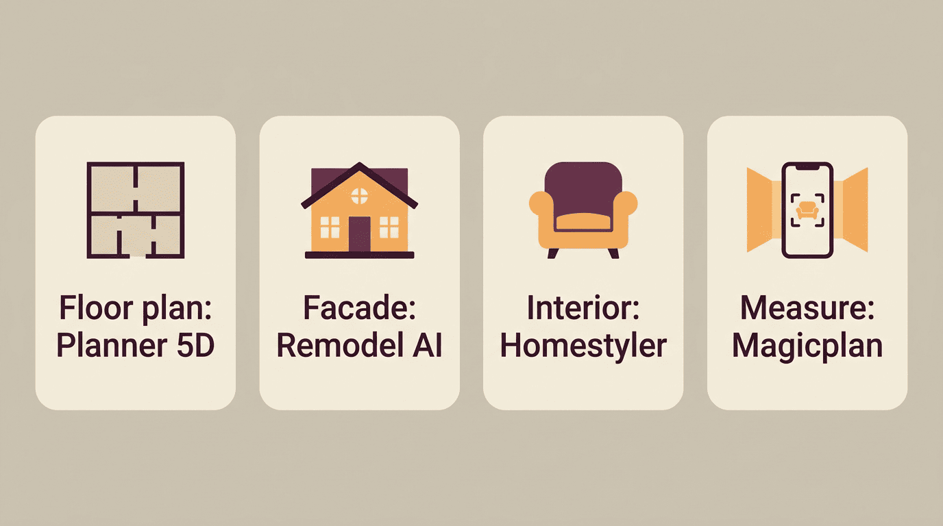 Checklist of which AI app fits each job: floor plan Planner 5D, facade Remodel AI, interior Homestyler, measure Magicplan