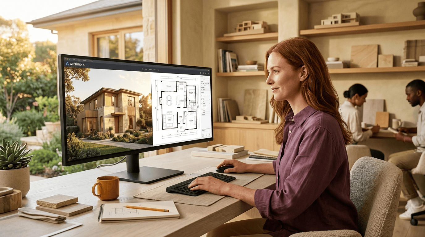 An architect reviewing a whole-house 3D render and floor plan side by side in AI house design software on a desktop monitor