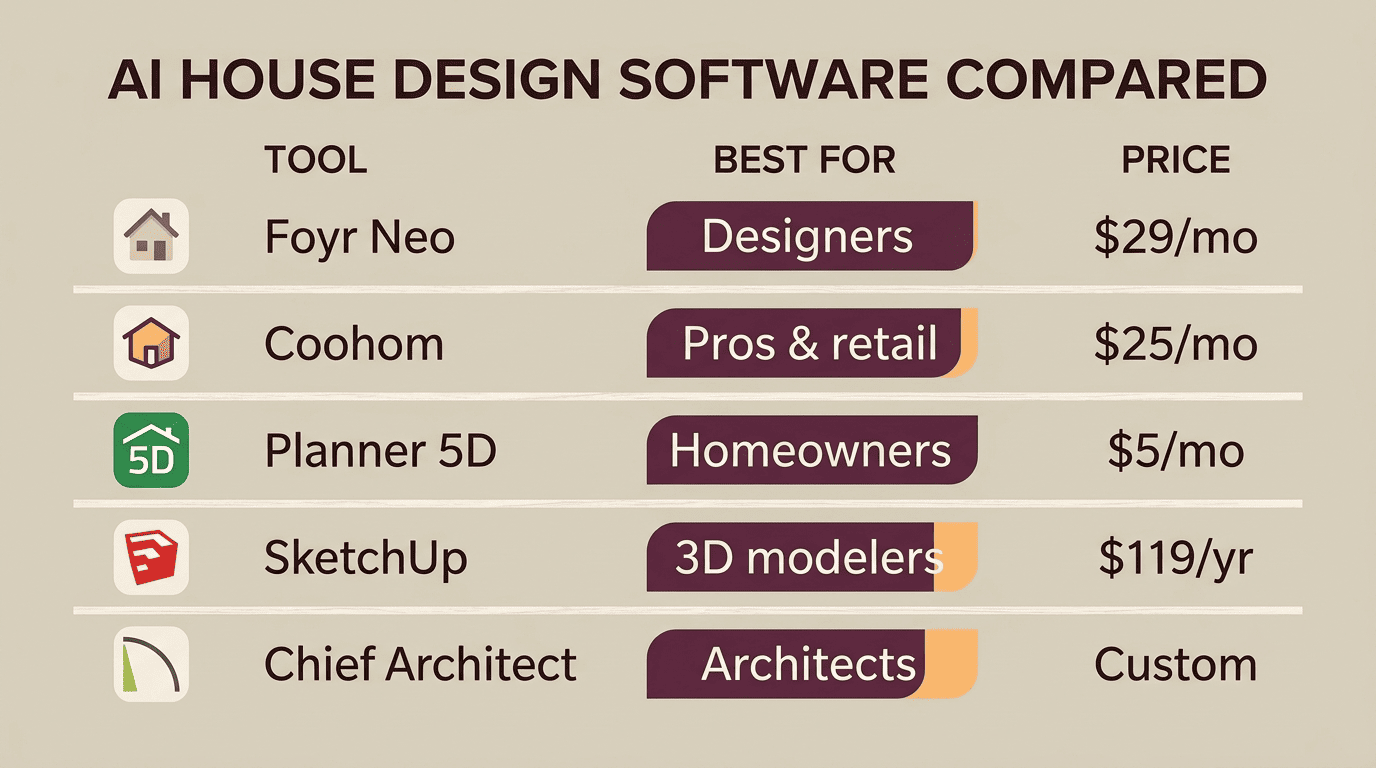 Comparison chart of AI house design software showing Foyr Neo, Coohom, Planner 5D, SketchUp and Chief Architect with who each is best for and starting price