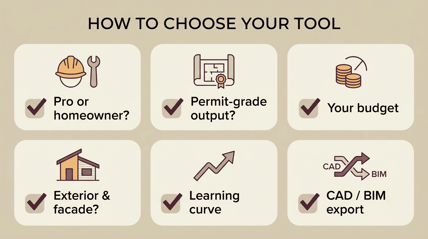 Checklist for choosing AI house design software covering pro or homeowner, permit-grade output, budget, exterior and facade, learning curve, and CAD BIM export
