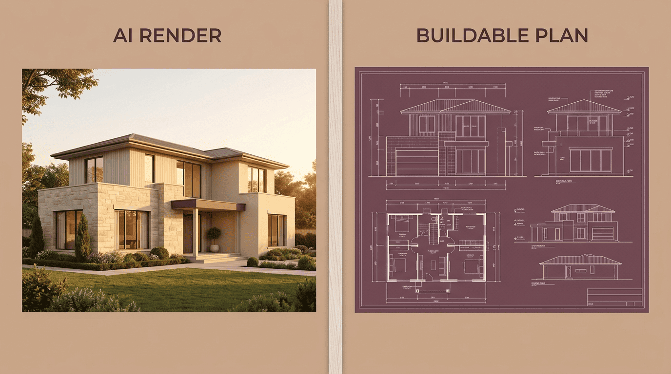 Split image comparing a photorealistic AI render of a house on the left with a technical buildable construction blueprint on the right