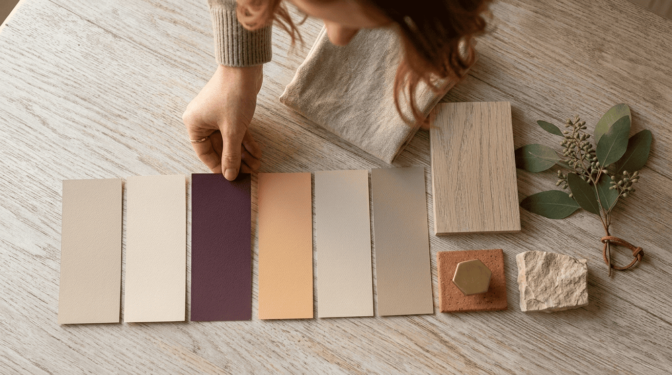 A whole-home color palette board with limestone, cream, plum, apricot, oak and taupe swatches