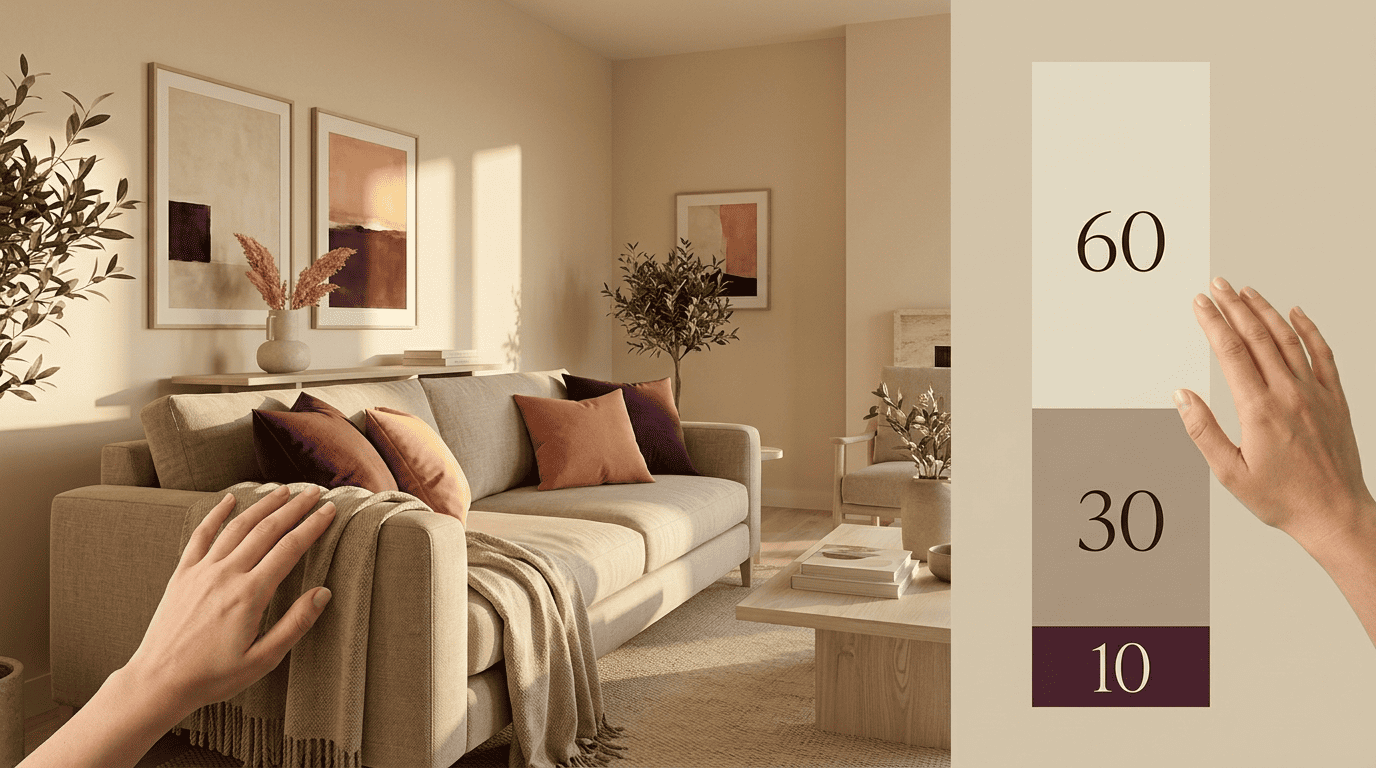 A living room showing the 60-30-10 color rule with a 60/30/10 proportion bar