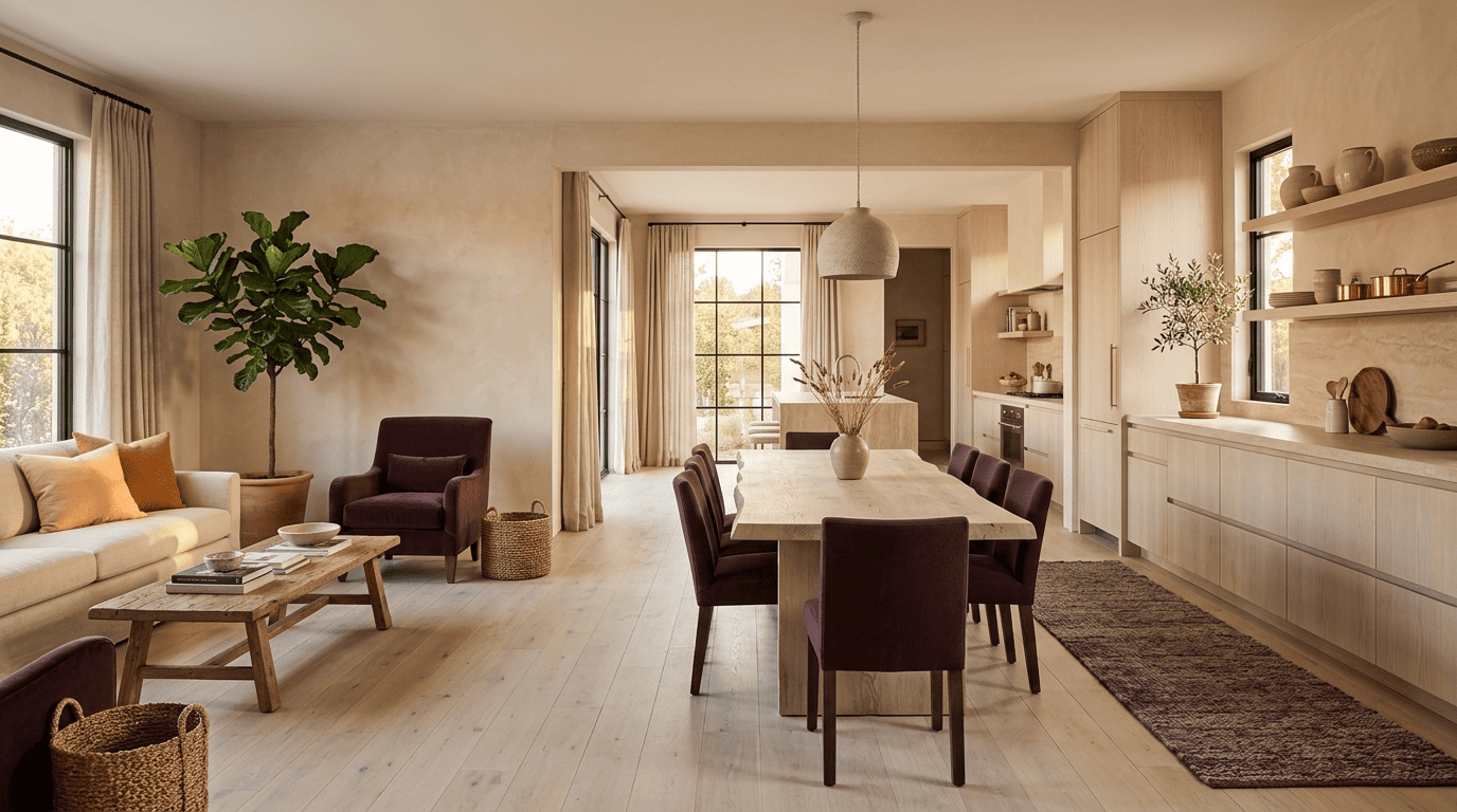 Open-plan living, dining and kitchen sharing one plum accent that flows room to room