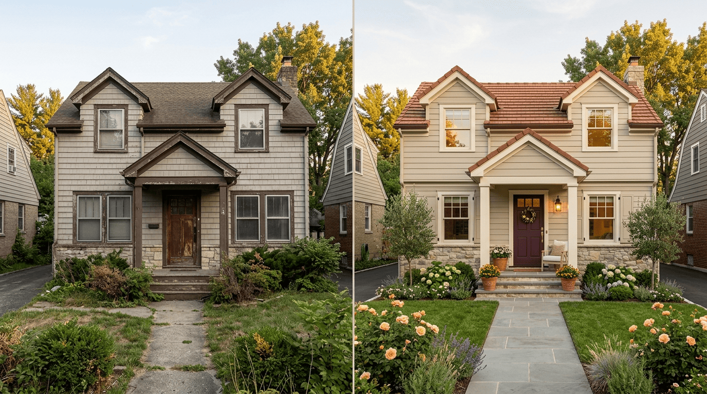 Before and after of the same house facade repainted in a cohesive whole-home palette