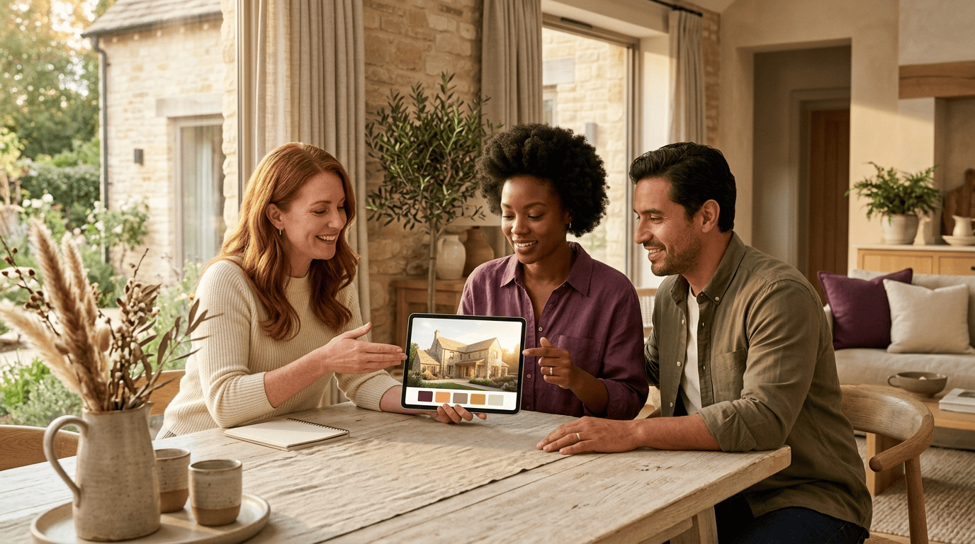 A homeowner couple and architect reviewing an AI whole-home color preview on a tablet