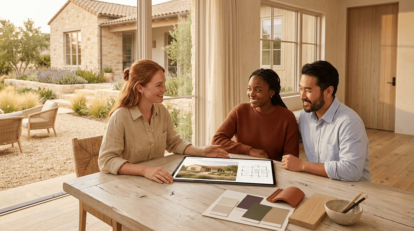 An architect and a homeowner couple previewing a whole-house 3D design on a tablet