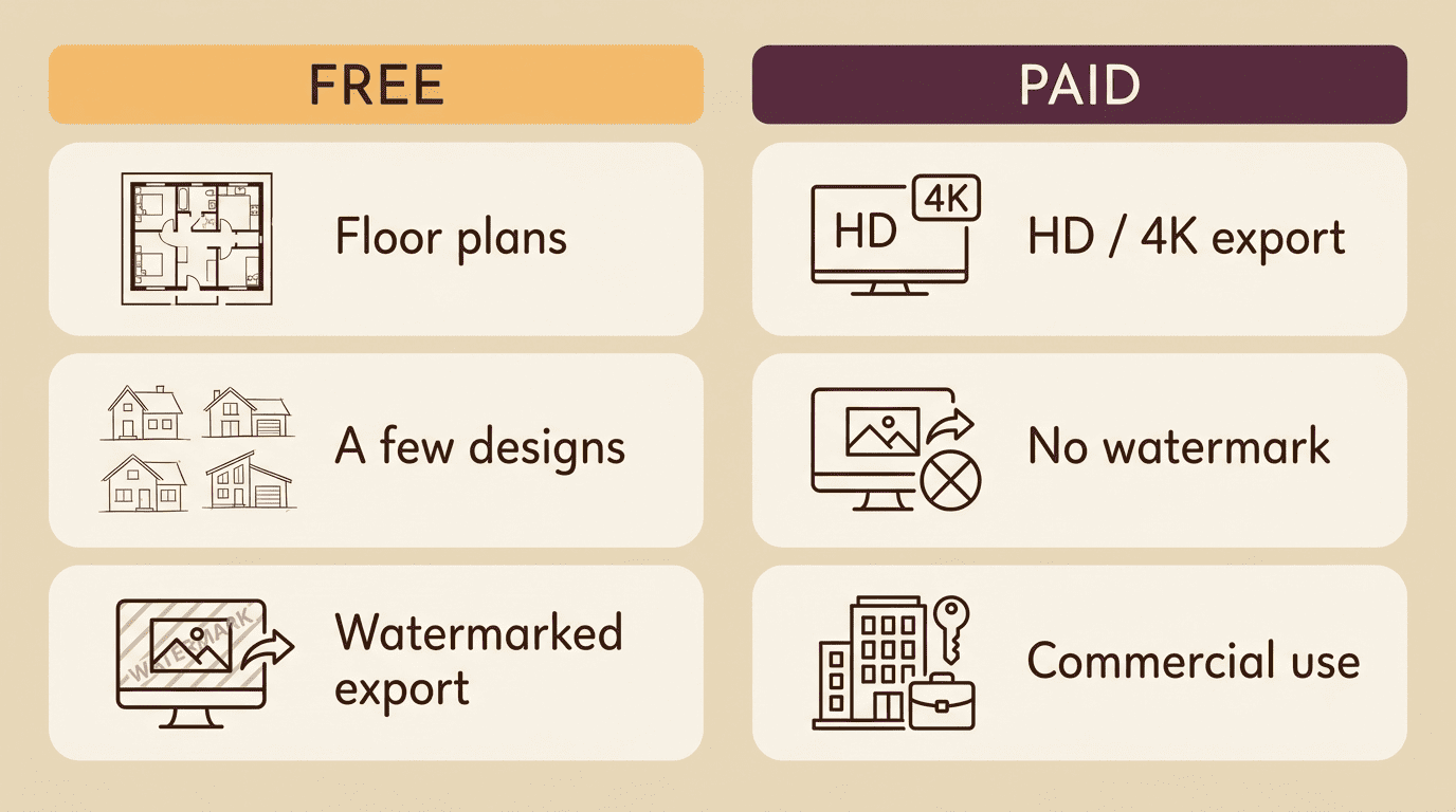 Comparison of what free versus paid AI house design plans include