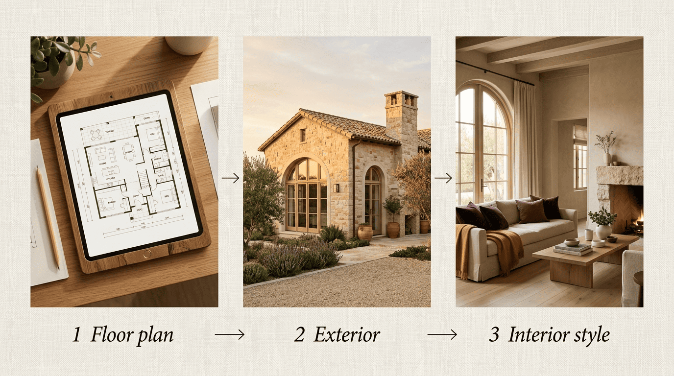 Three-step whole-house workflow: floor plan, then exterior, then interior style