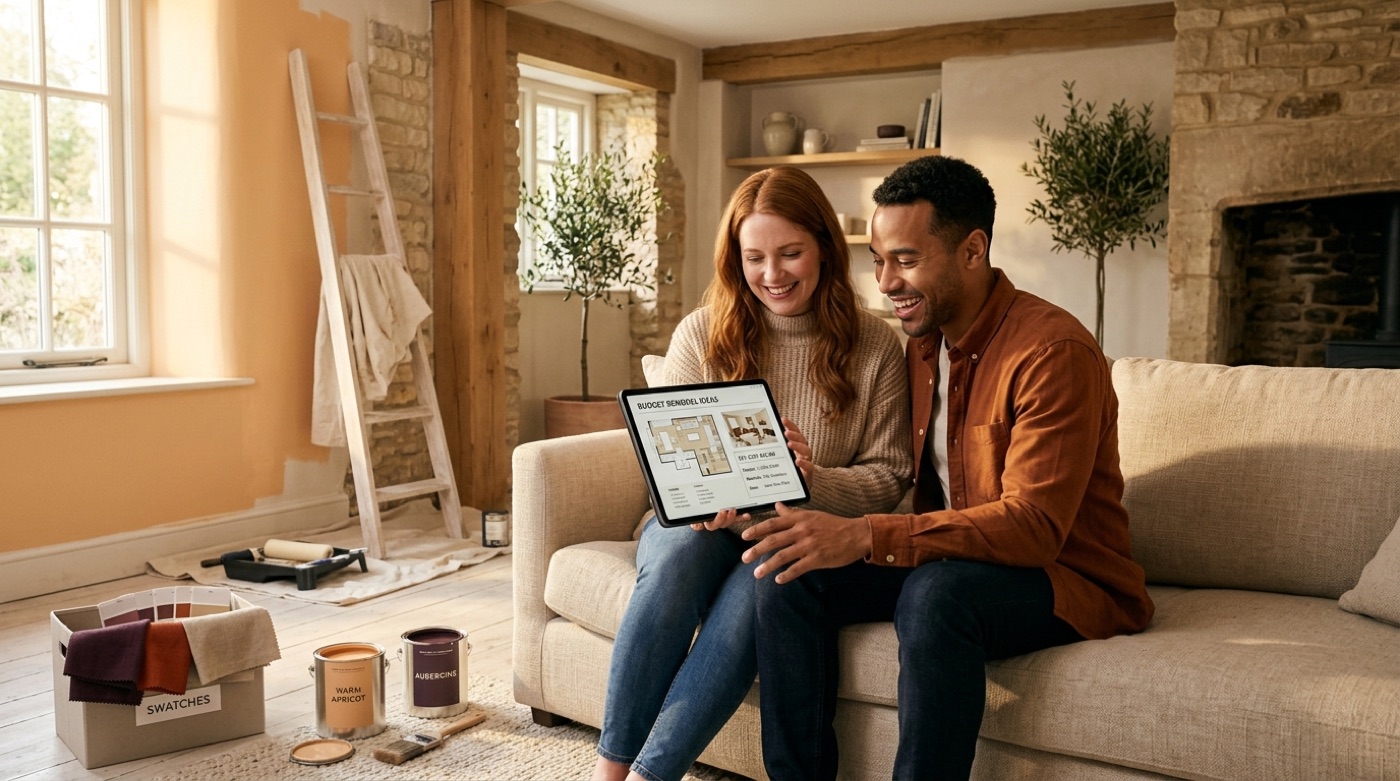 A happy couple in a warm half-renovated room review budget remodel ideas and a simple cost breakdown on a tablet
