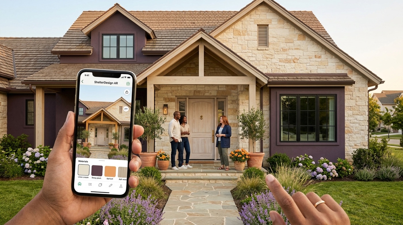 A beautiful home exterior with a warm limestone-and-plum facade and gabled roof at golden hour, with a phone previewing the restyled facade in an app